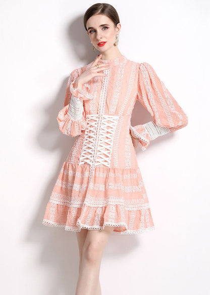 Pink Hollow Out Embroideried Patchwork Chiffon Mid Dress Puff Sleeve