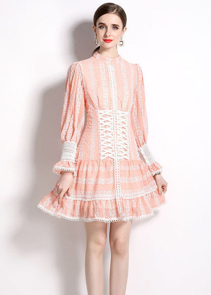 Pink Hollow Out Embroideried Patchwork Chiffon Mid Dress Puff Sleeve