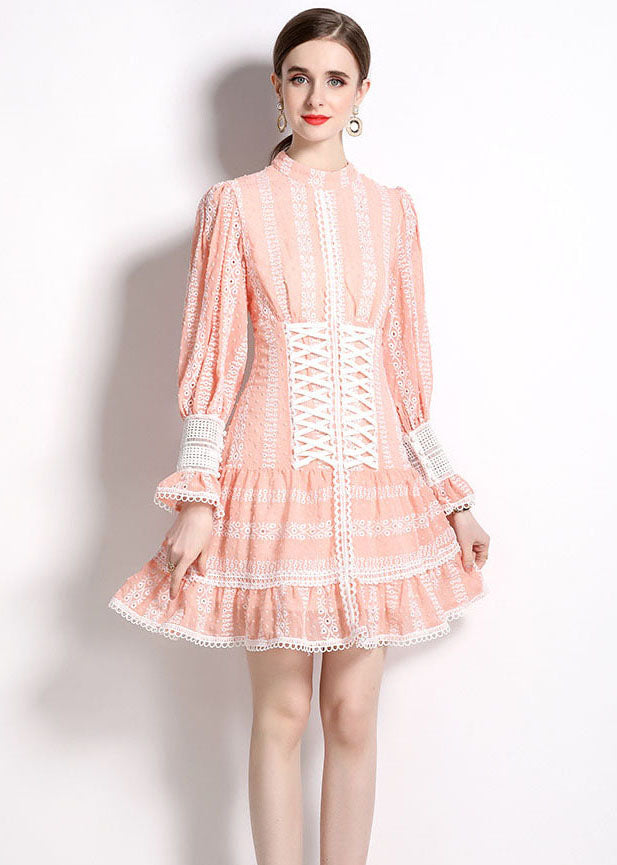 Pink Hollow Out Embroideried Patchwork Chiffon Mid Dress Puff Sleeve