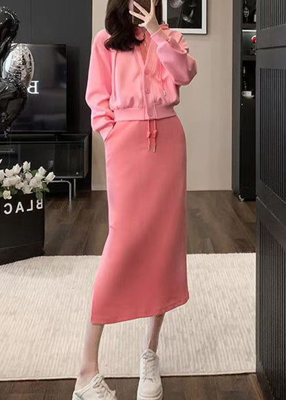 Pink Hooded Top and Skirts Cotton Two Pieces Set Spring