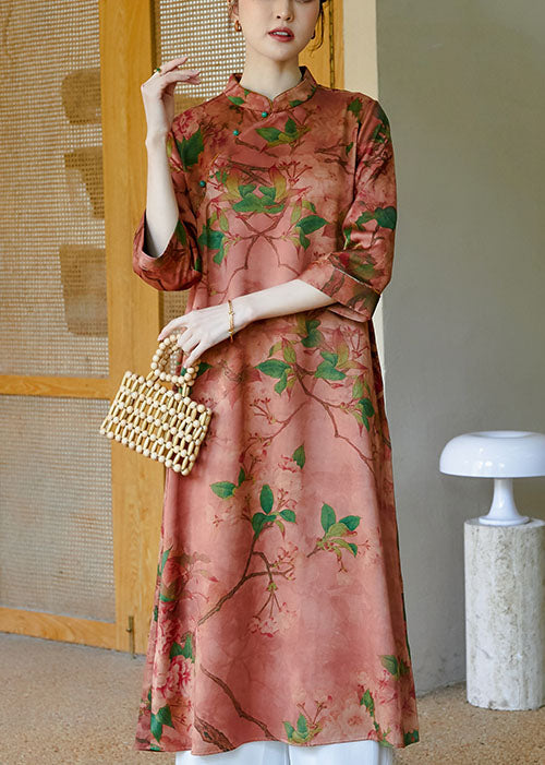 Pink Mandarin Collar Button Print Silk Cheongsam Dress Bracelet Sleeve