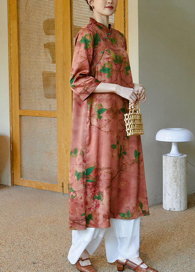 Pink Mandarin Collar Button Print Silk Cheongsam Dress Bracelet Sleeve