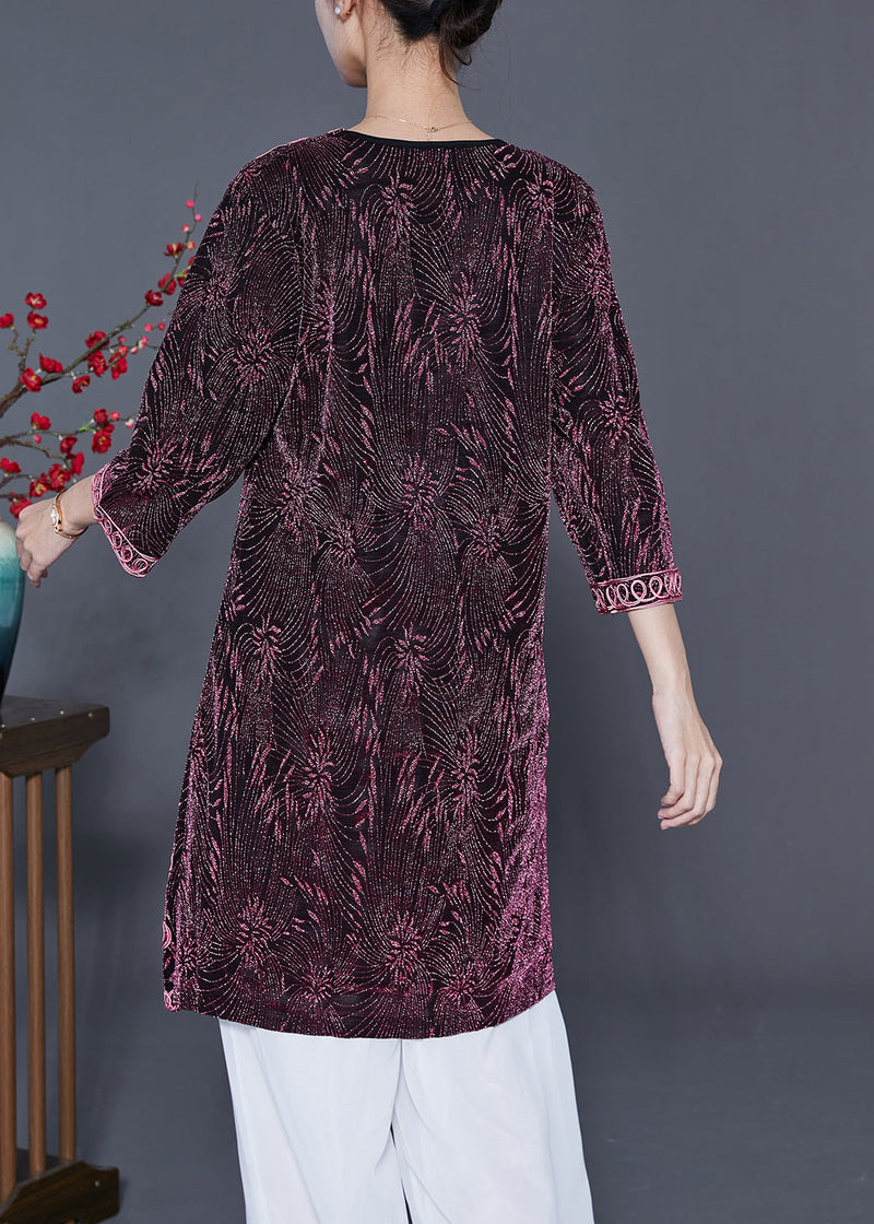 Pink O-neck Embroideried Silk Vacation Dresses Bracelet Sleeve