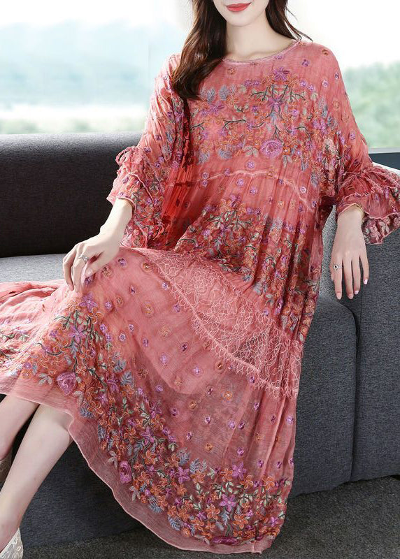Pink O-neck Oversized Embroideried Silk Dresses Flare Sleeve