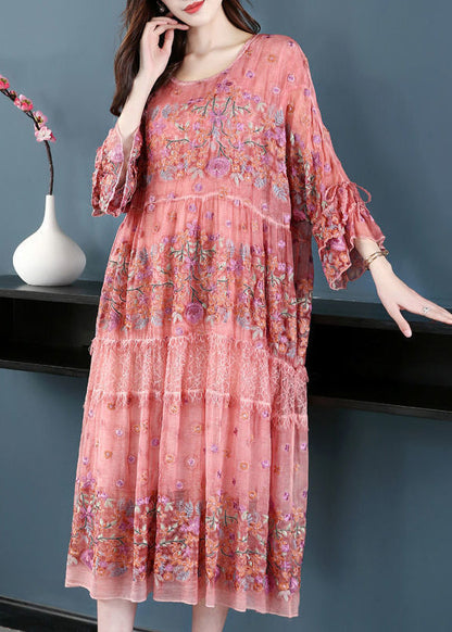 Pink O-neck Oversized Embroideried Silk Dresses Flare Sleeve