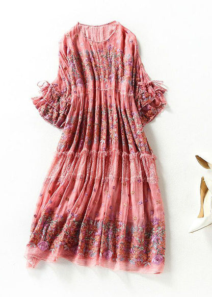 Pink O-neck Oversized Embroideried Silk Dresses Flare Sleeve