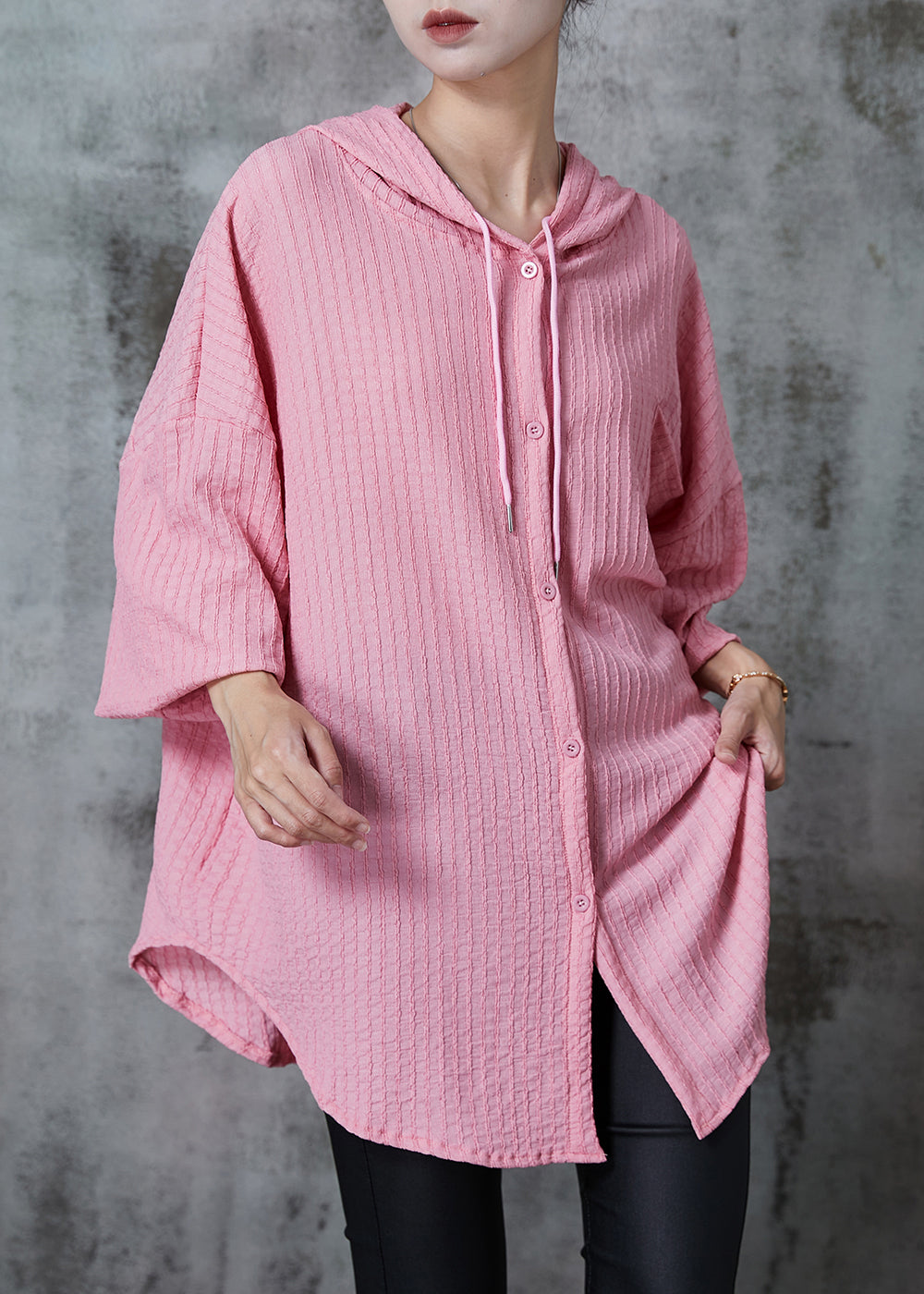 Pink Oversized Striped Cotton Blouses Summer