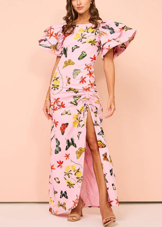 Pink Print Lace Up Side Open Cotton Dresses Butterfly Sleeve