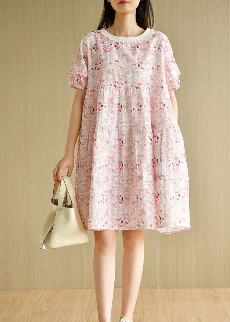 Pink Puff Sleeve Print Summer Cotton Dresses