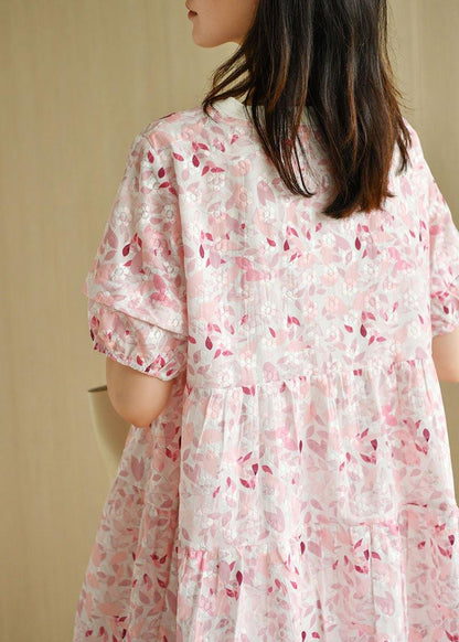 Pink Puff Sleeve Print Summer Cotton Dresses