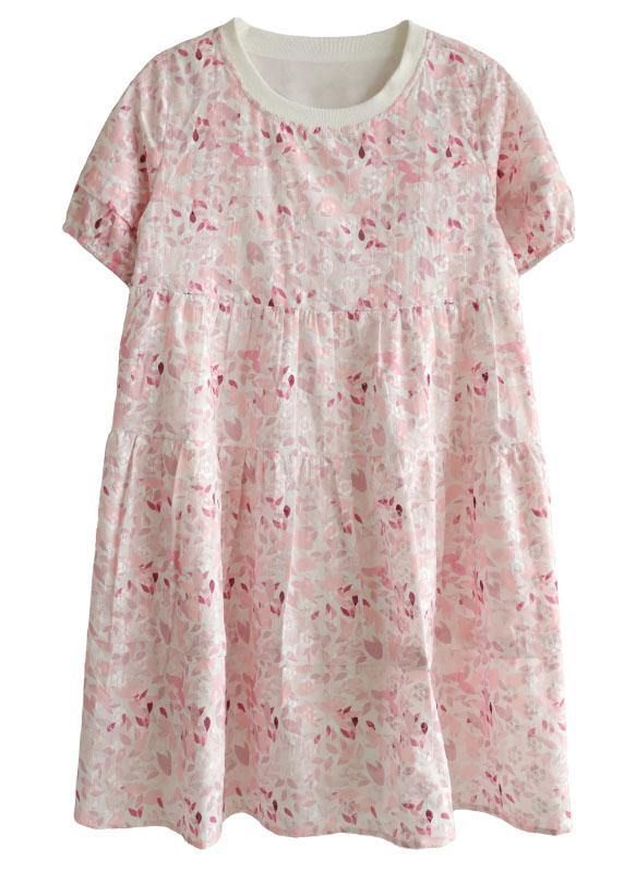 Pink Puff Sleeve Print Summer Cotton Dresses