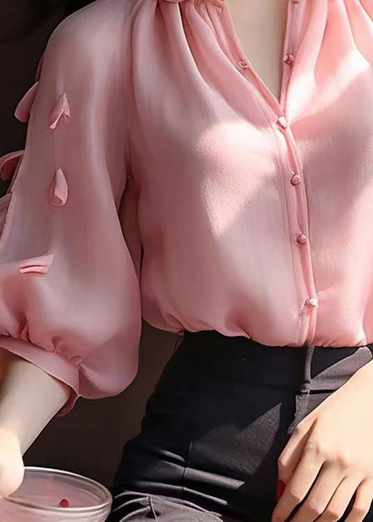 Pink Ruffled Button Chiffon Shirt Bracelet Sleeve