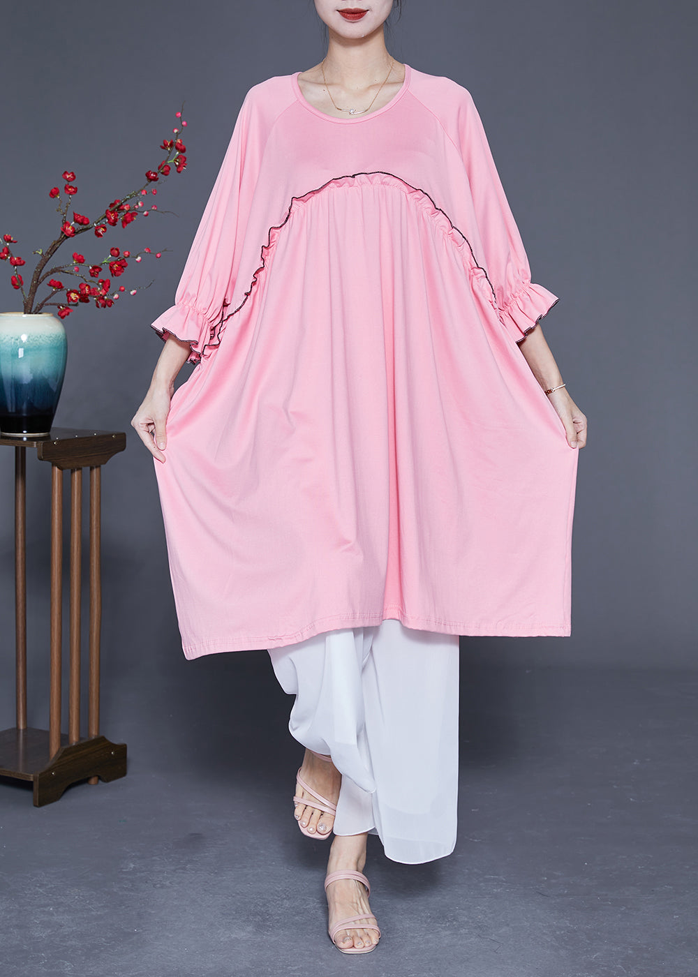 Pink Ruffled Patchwork Cotton a Line Dress Summer