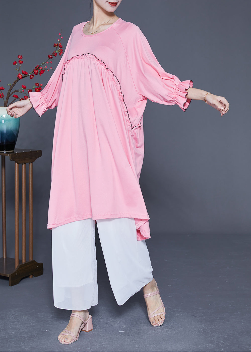 Pink Ruffled Patchwork Cotton a Line Dress Summer