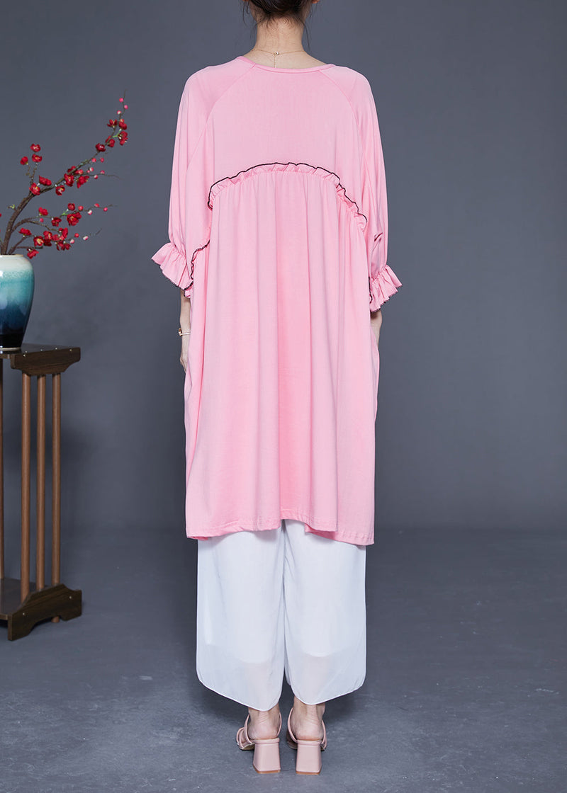 Pink Ruffled Patchwork Cotton a Line Dress Summer