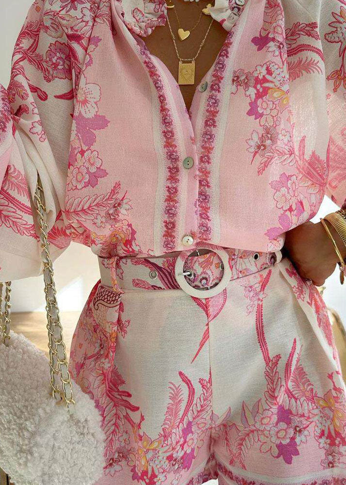 Pink Ruffled Print Top and Shorts Cotton Two Pieces Set Summer