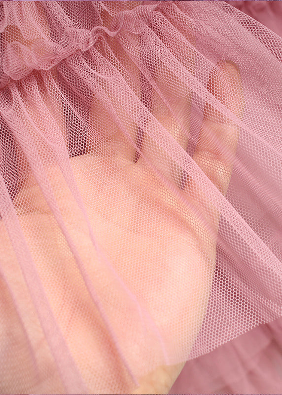 Pink Ruffled Asymmetrical Design Tulle Skirts Spring