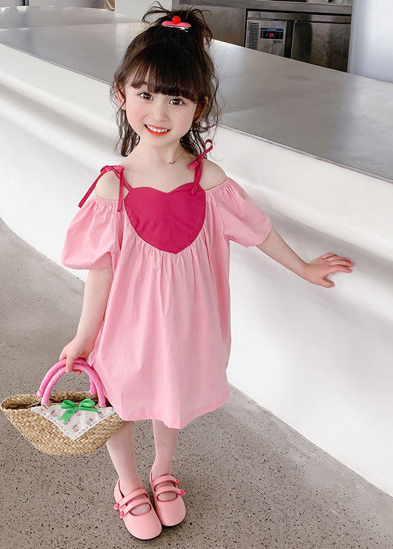 Pink Slash Neck Wrinkled Cotton Slip Mid Dress Sleeveless