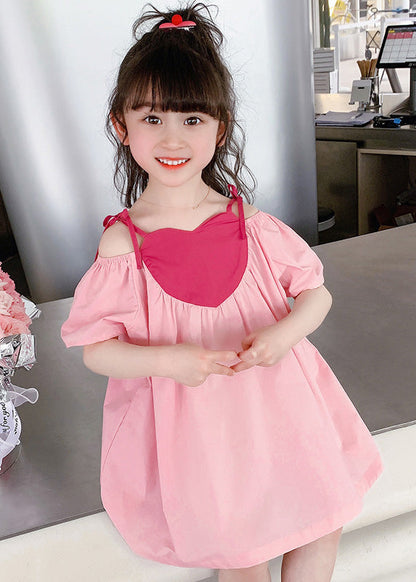 Pink Slash Neck Wrinkled Cotton Slip Mid Dress Sleeveless