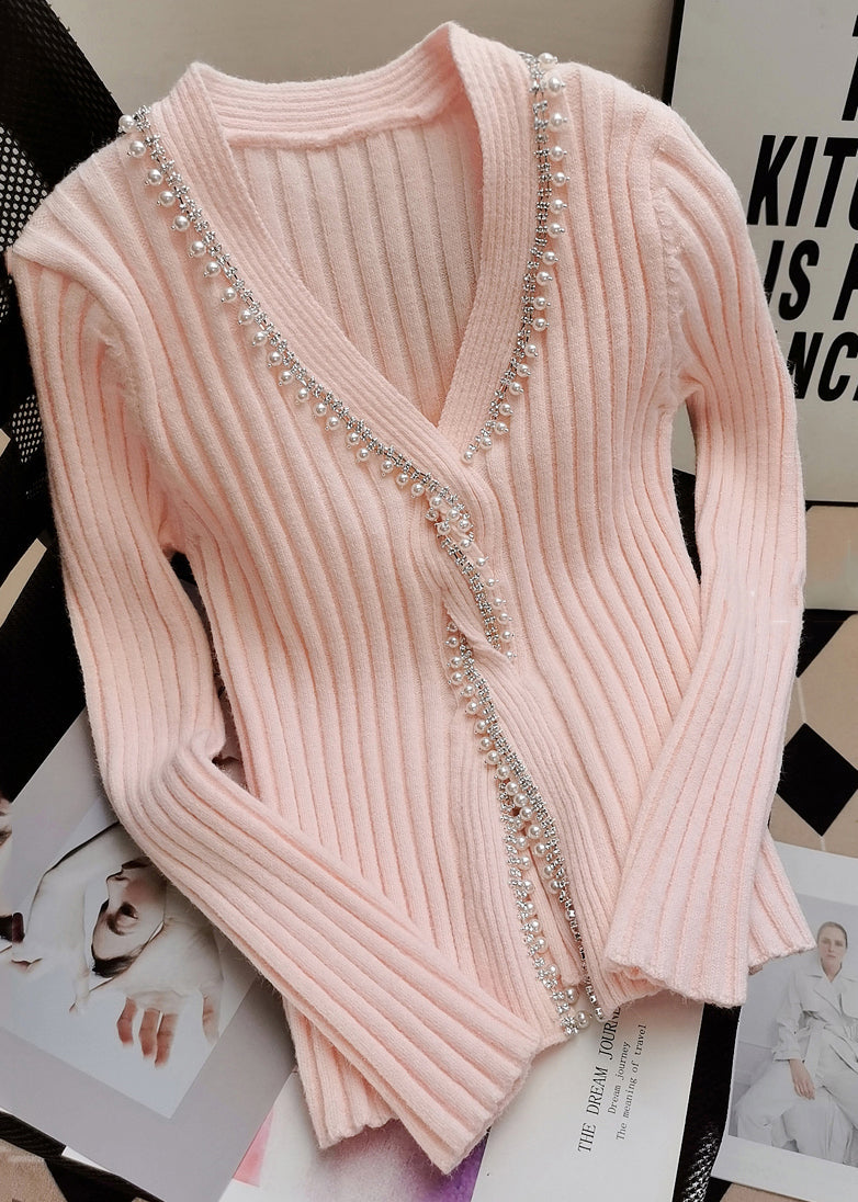 Pink V Neck Nail Bead Silm Fit Knit Sweaters Winter