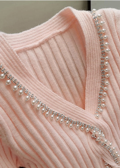 Pink V Neck Nail Bead Silm Fit Knit Sweaters Winter