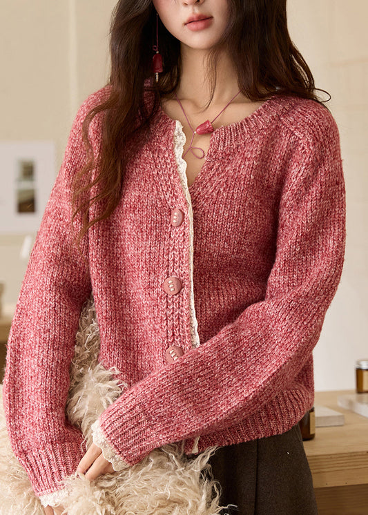 Pink V Neck Patchwork Cozy Cotton Knit Sweaters Spring