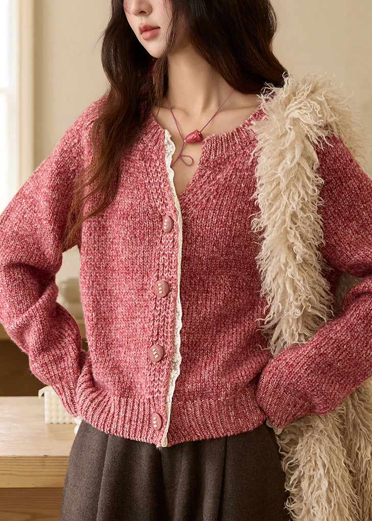 Pink V Neck Patchwork Cozy Cotton Knit Sweaters Spring