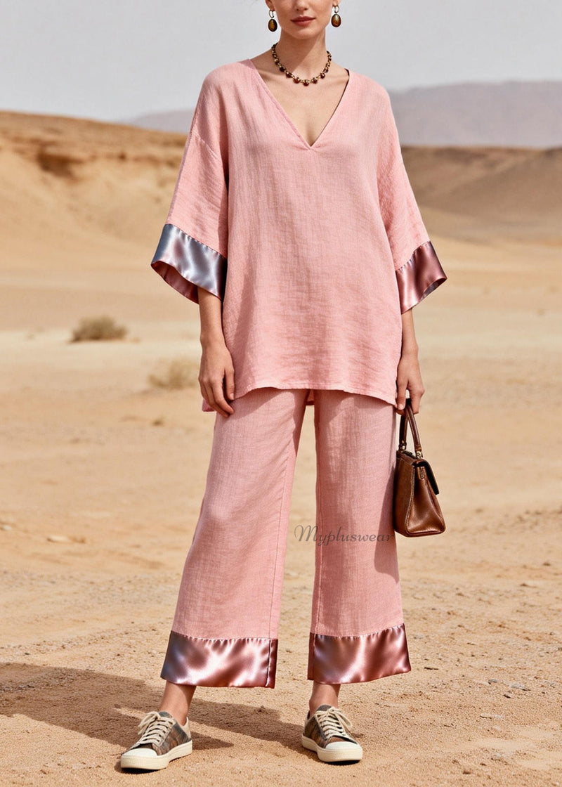 Pink V Neck Patchwork Linen Silk Two Piece Set Summer