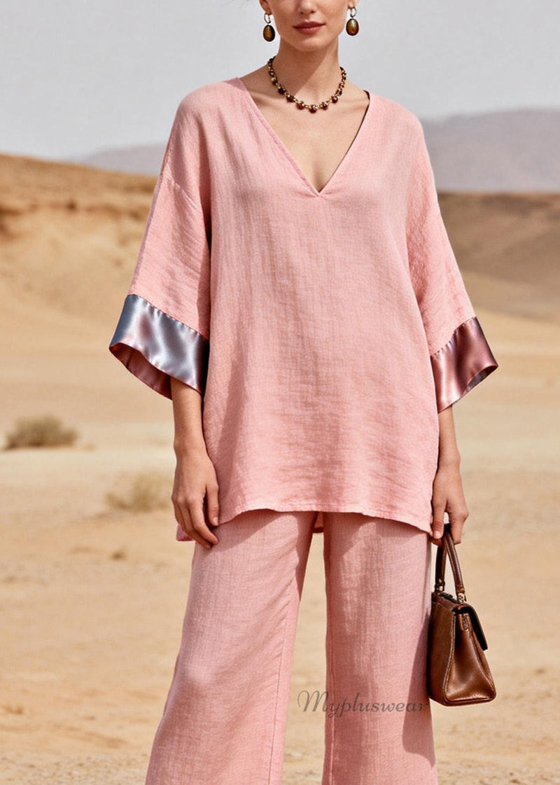Pink V Neck Patchwork Linen Silk Two Piece Set Summer