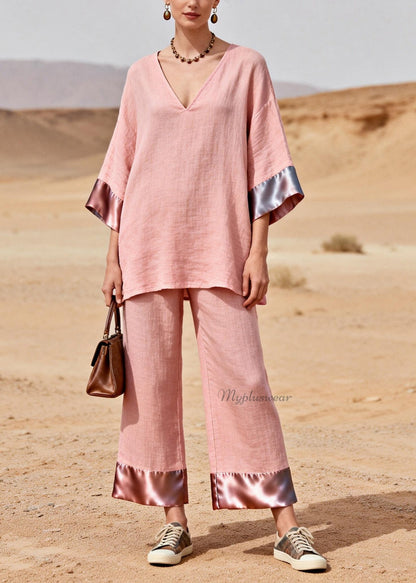 Pink V Neck Patchwork Linen Silk Two Piece Set Summer