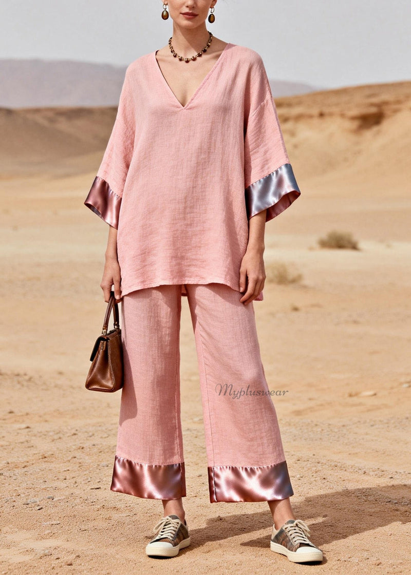 Pink V Neck Patchwork Linen Silk Two Piece Set Summer