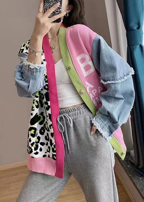 Pink V Neck Print Denim Patchwork Knit Cardigan Spring