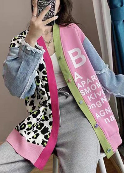 Pink V Neck Print Denim Patchwork Knit Cardigan Spring