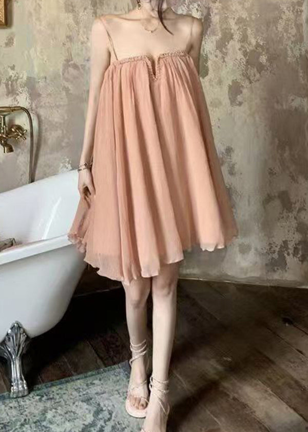 Pink Wrinkled Tulle Spaghetti Strap Dress Summer