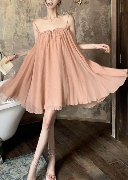 Pink Wrinkled Tulle Spaghetti Strap Dress Summer