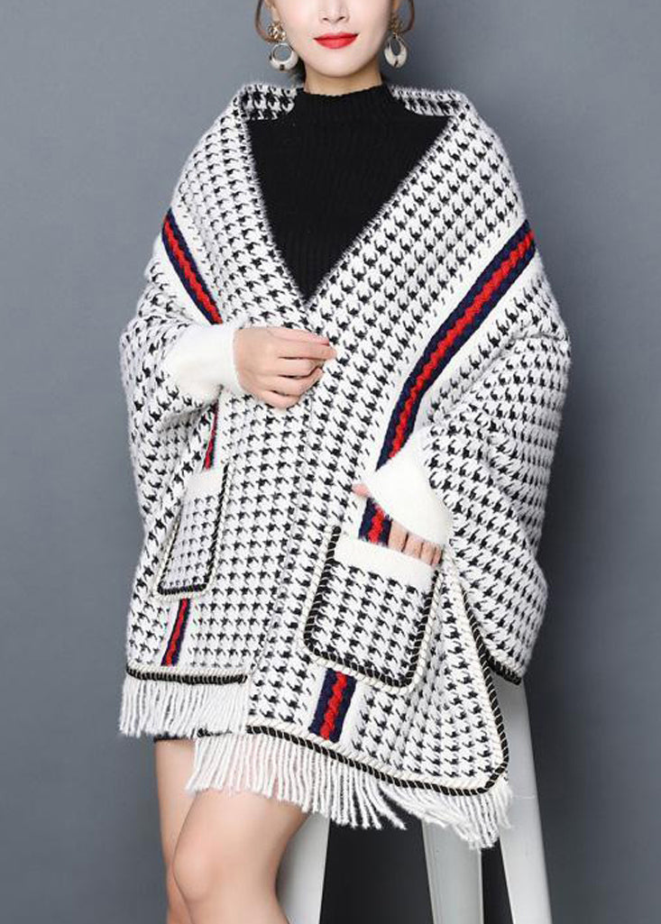 Plaid Tasseled Pockets Patchwork Knit Blended Cardigans Fall