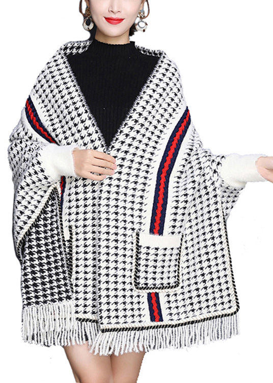 Plaid Tasseled Pockets Patchwork Knit Blended Cardigans Fall