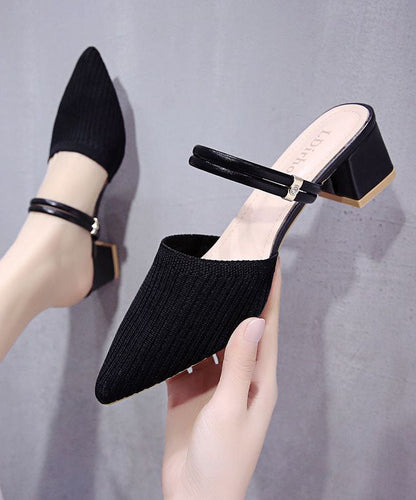 Pointed Toe Splicing Chunky Slide Sandals Black Knit Fabric