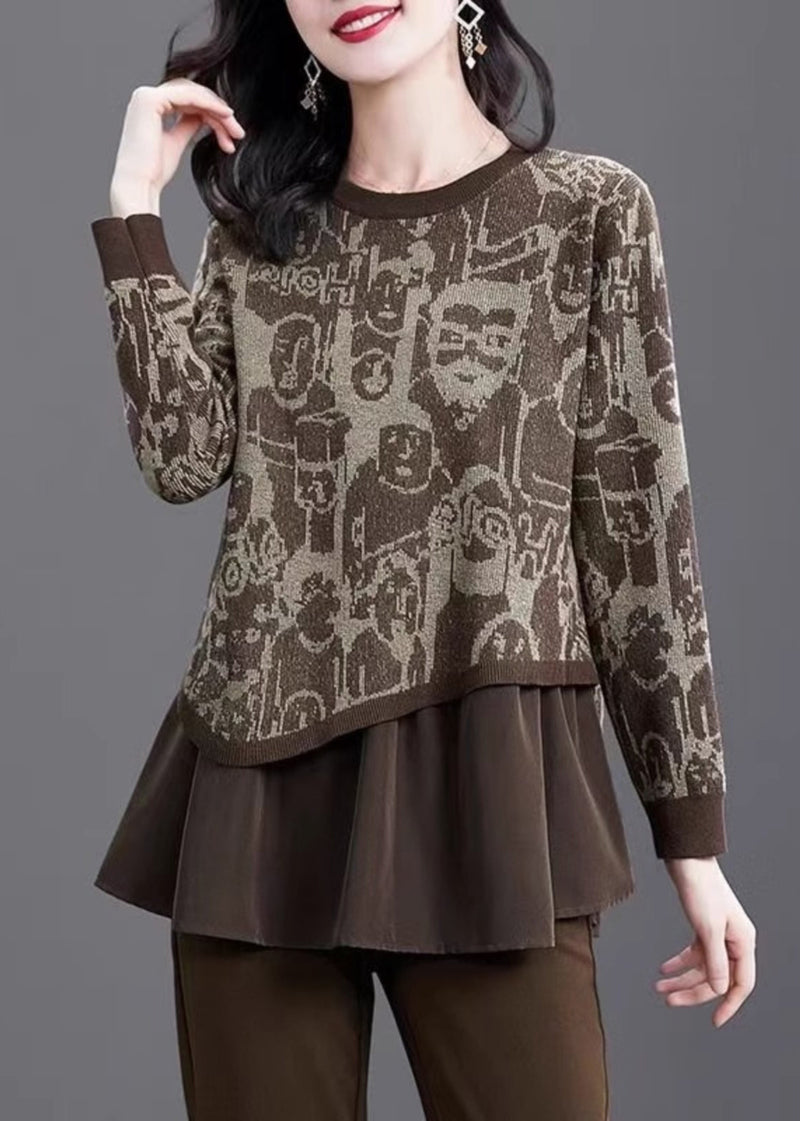 Print Fake Two Pieces Cotton Knit Sweater Winter