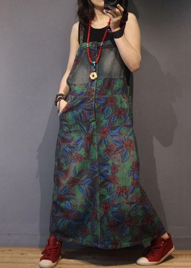 Print Pockets High Waist Denim Straps Dress Sleeveless