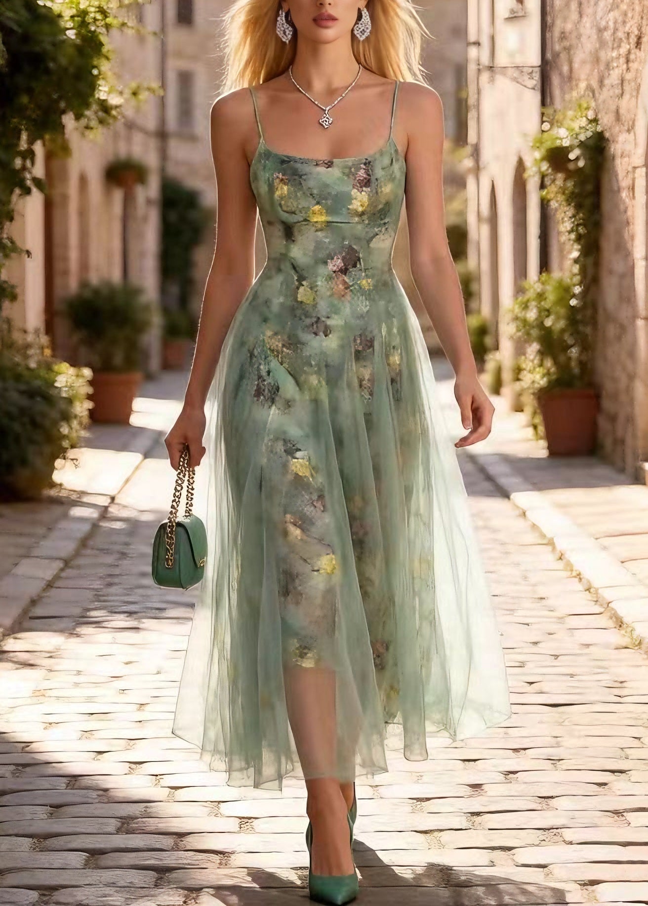 Print Wrinkled Tulle Spaghetti Strap Dress Summer