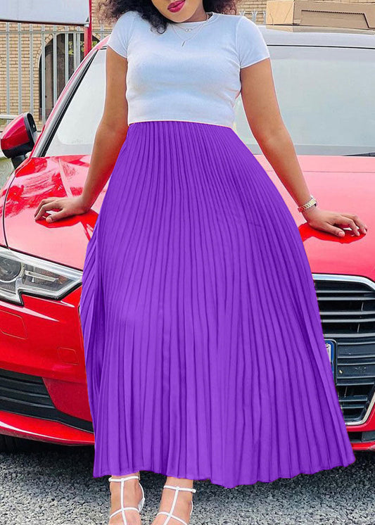 Purple High Waist Patchwork Chiffon Pleated Skirt Summer