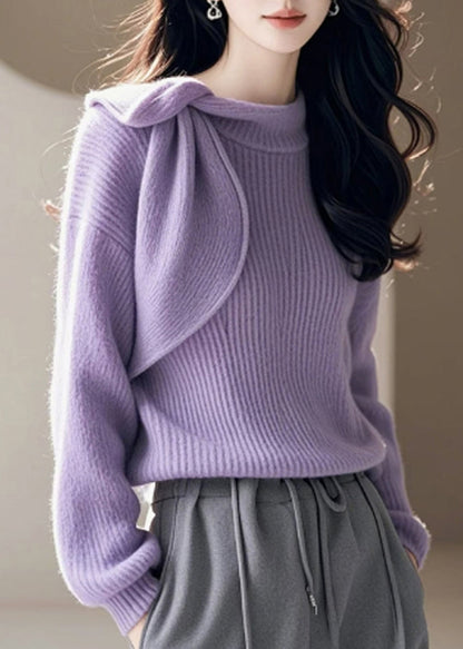 Purple O Neck Bow Knitted Sweaters Spring
