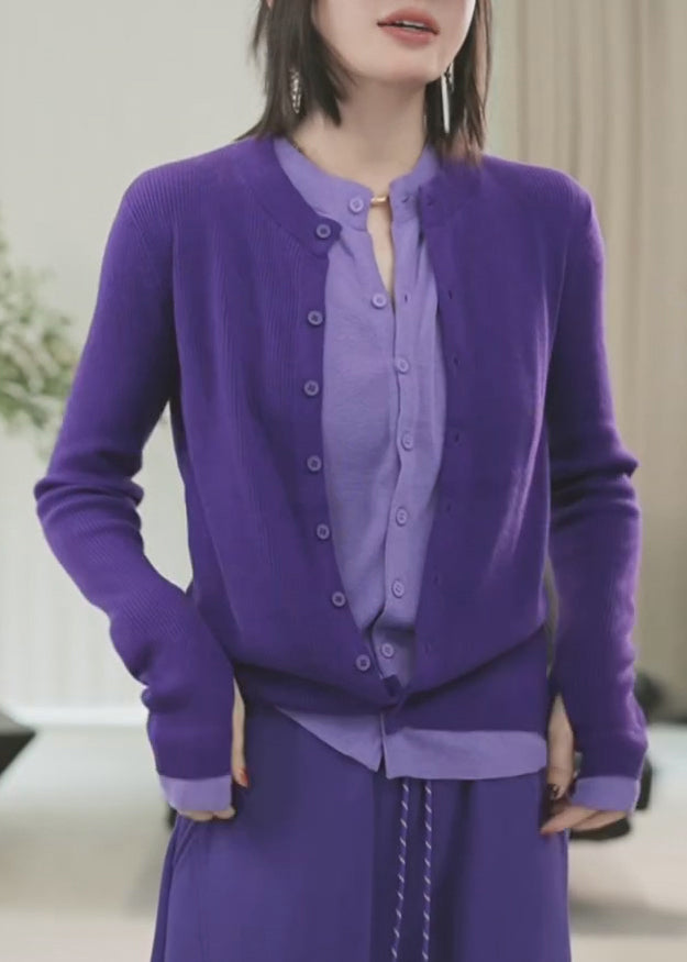 Purple O-neck Button Fake Two Pieces Cotton Knit Sweater Spring