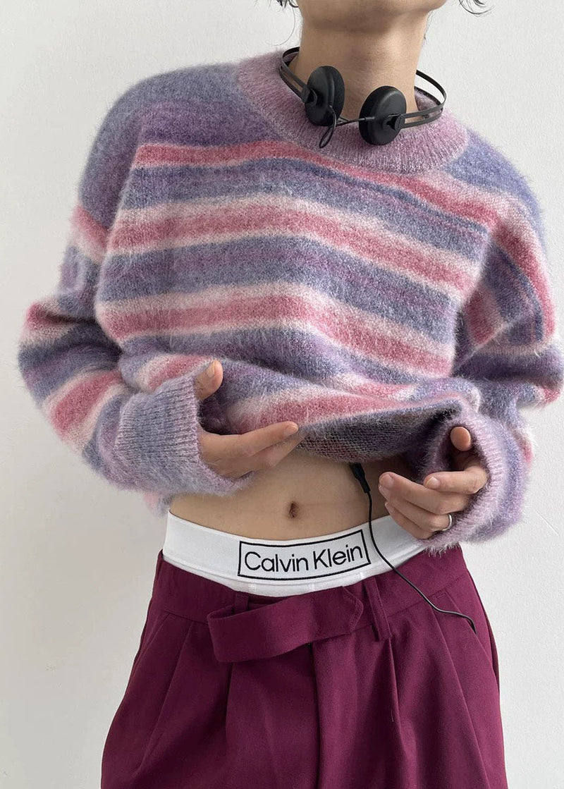Purple O-neck Cozy Striped Knit Pullover Tops Winter