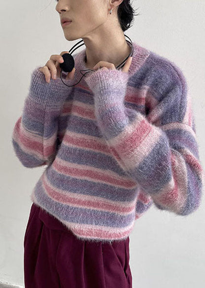 Purple O-neck Cozy Striped Knit Pullover Tops Winter