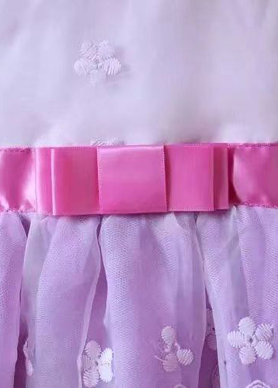 Purple O-neck Embroideried Patchwork Tie Waist Tulle Kids Mid Dress Long Sleeve