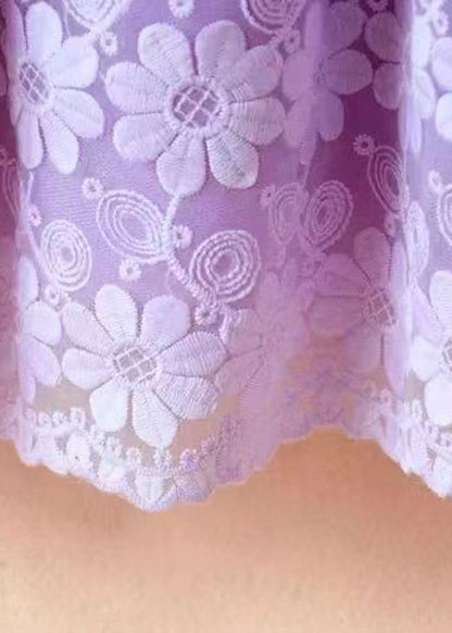 Purple O-neck Embroideried Patchwork Tie Waist Tulle Kids Mid Dress Long Sleeve