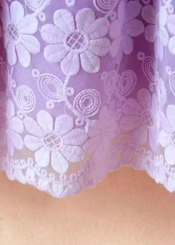 Purple O-neck Embroideried Patchwork Tie Waist Tulle Kids Mid Dress Long Sleeve