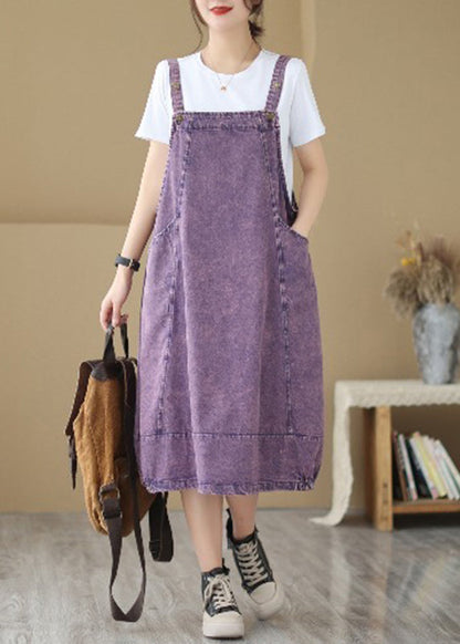 Purple Oversized Patchwork Denim Strap Dress Summer